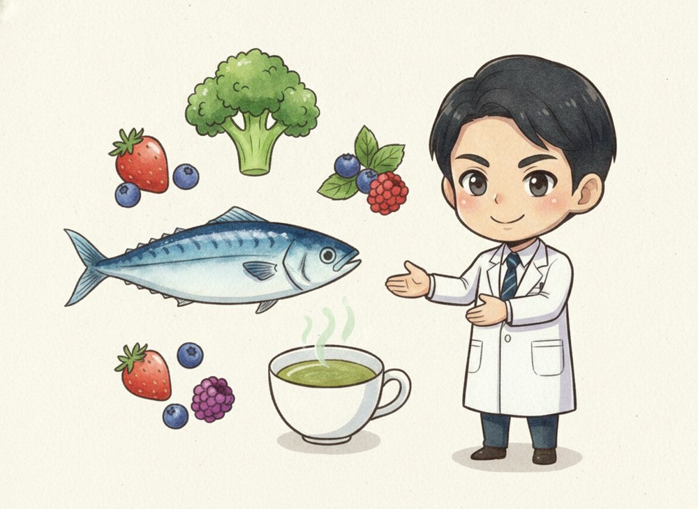 医師が健康的な食材（青魚・ブロッコリー・ベリー・緑茶）を笑顔ですすめている