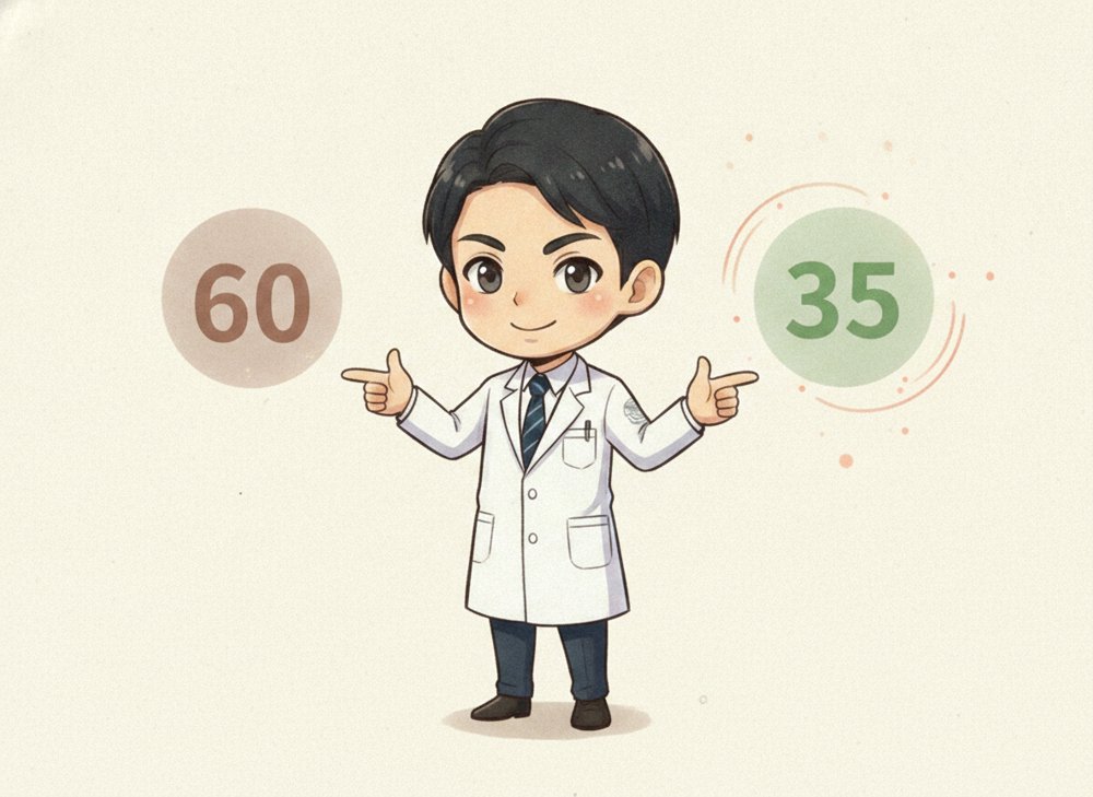 医師が実年齢と体内年齢の2つの数字をやさしく指し示している