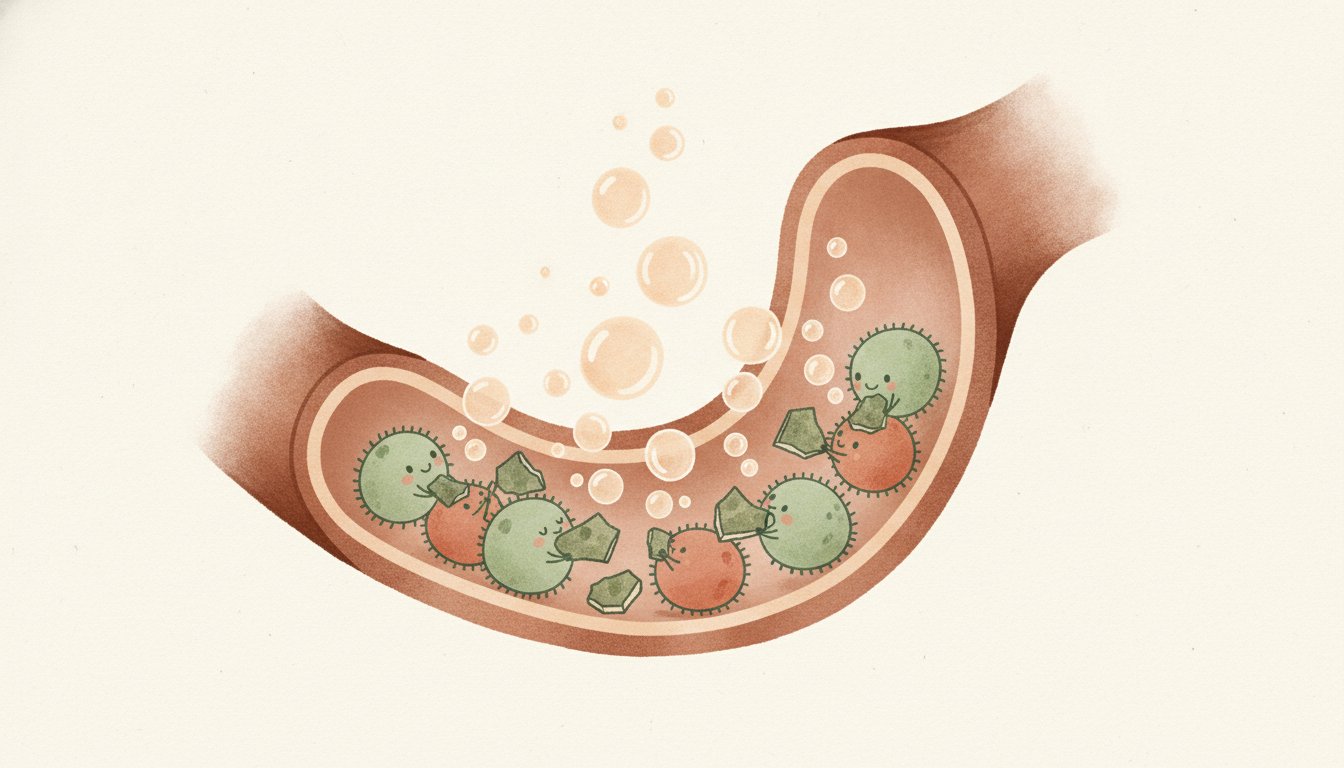 大腸の中で菌が食物繊維を食べてガスの泡を出している概念図